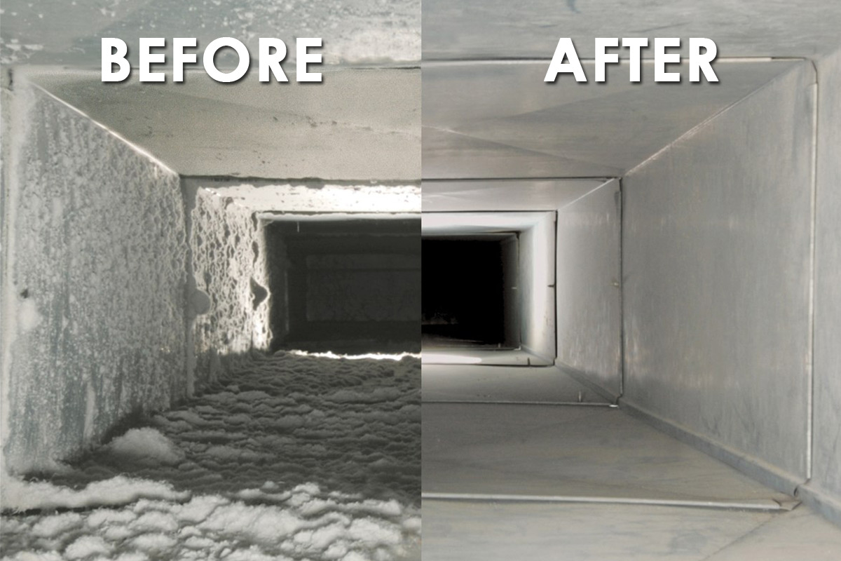 Side-by-side view of a dusty air duct before cleaning and a clear duct after cleaning