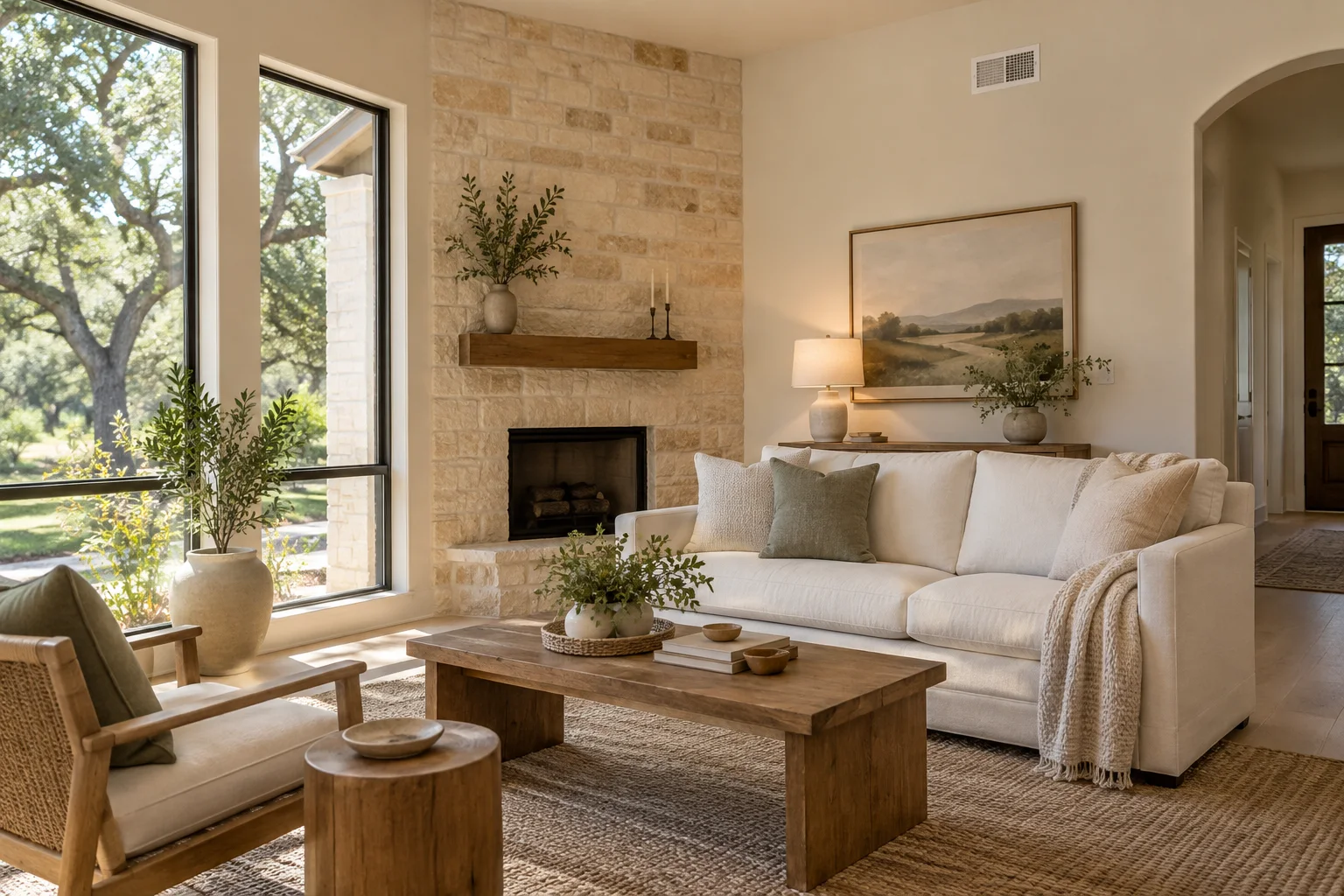 Illustrative sunlit living room with a limestone fireplace and a wall air register